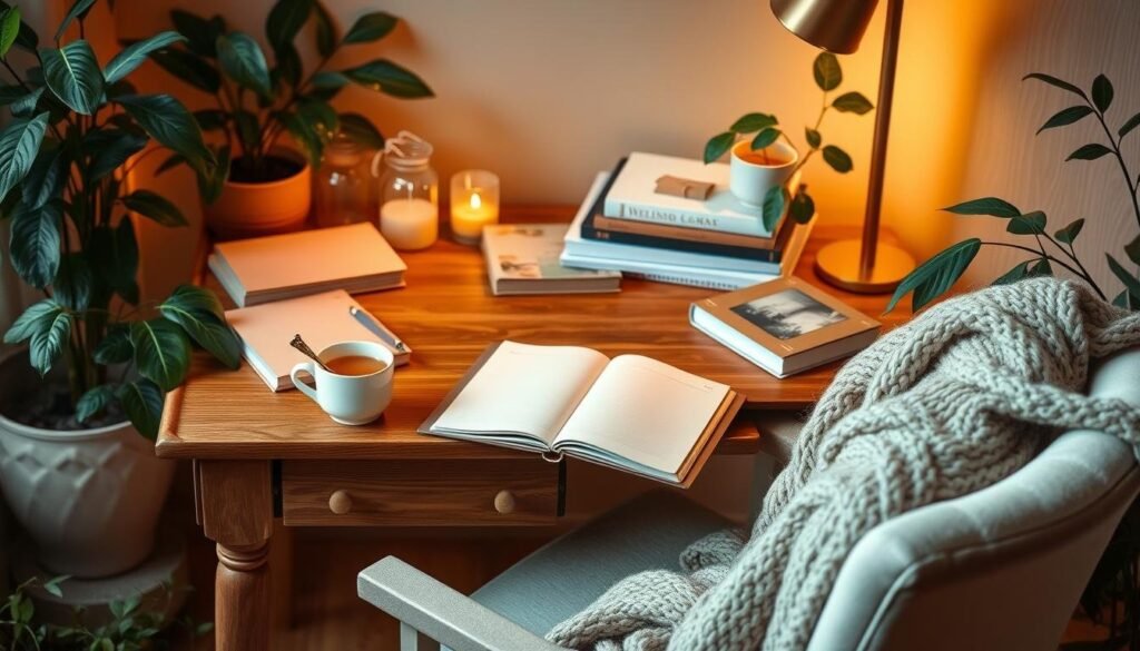 Cozy study vibes with warm lighting and soft materials