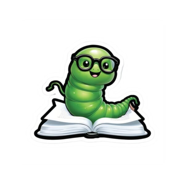 Bookworm Sticker – Cute Green Worm with Glasses in Open Book