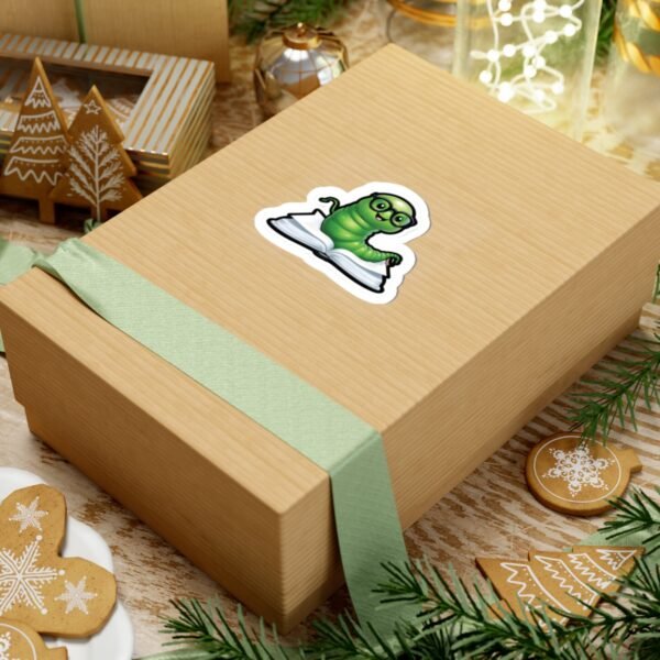 Bookworm Sticker – Cute Green Worm with Glasses in Open Book - Image 3