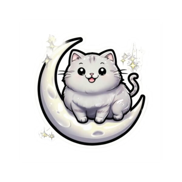 Moon Cat Sticker – Cute Chubby Cat on Crescent Moon with Stars