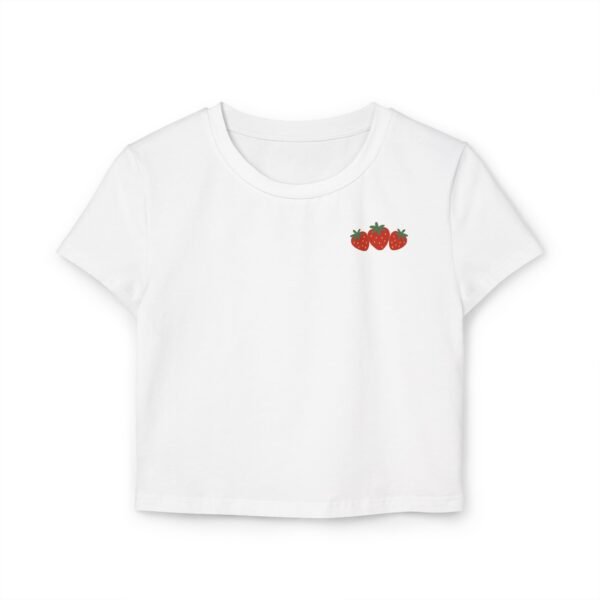 Strawberry Baby Tee – Cute White Crop Top for Women with Minimal Fruit Design - Image 3
