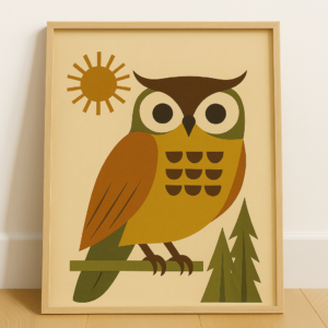Mid Century Owl Print, Vintage Retro Bird Poster, Scandinavian Wildlife Art, Minimalist Animal Wall Decor, Boho Home Artwork