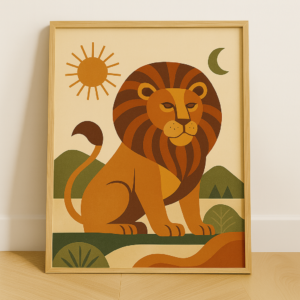 Mid Century Lion Print, Vintage Retro Poster, Scandinavian Wildlife Art, Minimalist Animal Wall Decor, Boho Home Artwork