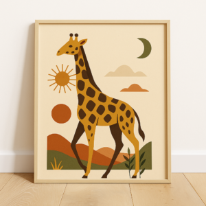 Mid Century Giraffe Print, Vintage Retro Poster, Scandinavian Wildlife Art, Minimalist Animal Wall Decor, Boho Home Artwork