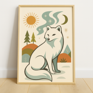 Mid Century Arctic Fox Print, Vintage Retro Poster, Scandinavian Wildlife Art, Minimalist Animal Wall Decor, Boho Home Artwork