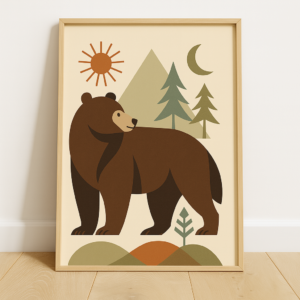 Mid Century Brown Bear Print, Vintage Retro Poster, Scandinavian Wildlife Art, Minimalist Animal Wall Decor, Boho Home Artwork
