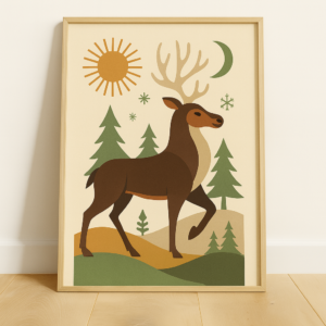 Mid Century Deer Print, Vintage Retro Poster, Scandinavian Wildlife Art, Minimalist Animal Wall Decor, Boho Home Artwork