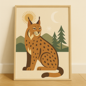 Mid Century Lynx Print, Vintage Retro Poster, Scandinavian Wildlife Art, Minimalist Animal Wall Decor, Boho Home Artwork