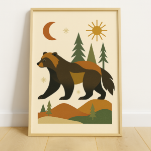 Mid Century Wolverine Print, Vintage Retro Poster, Scandinavian Wildlife Art, Minimalist Animal Wall Decor, Boho Home Artwork