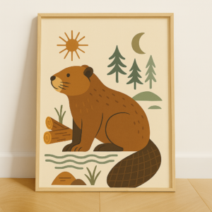 Mid Century Beaver Print, Vintage Retro Poster, Scandinavian Wildlife Art, Minimalist Animal Wall Decor, Boho Home Artwork