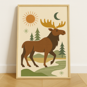 Mid Century Moose Print, Vintage Retro Poster, Scandinavian Wildlife Art, Minimalist Animal Wall Decor, Boho Home Artwork