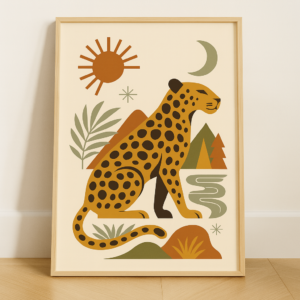 Mid Century Jaguar Print, Vintage Retro Poster, Scandinavian Wildlife Art, Minimalist Animal Wall Decor, Boho Home Artwork