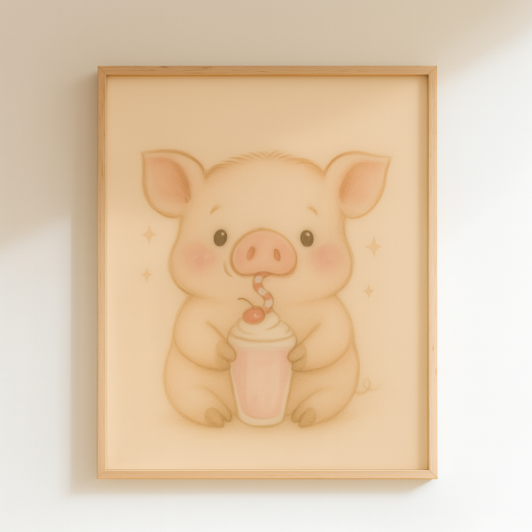 Silly Pig Wall Art Cute, Poster Beige Nursery Decor, Animal Printable, Coquette Room Decor