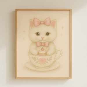 Silly Cat with Cupcake Wall Art Cute, Poster Beige Nursery Decor, Animal Printable, Coquette Room Decor