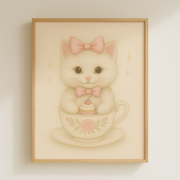 Silly Cat with Cupcake Wall Art Cute, Poster Beige Nursery Decor, Animal Printable, Coquette Room Decor