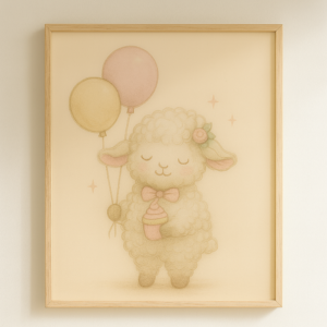 Silly Sheep with Balloons Wall Art Cute, Poster Beige Nursery Decor, Animal Printable, Coquette Room Decor
