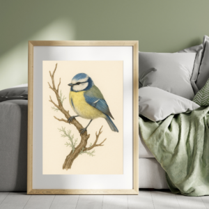 Bird Print, Blue Tit Print, 8x12 Bird Wall Art, Nature Bird Poster, Botanical Bird Illustration, Bird Art Print