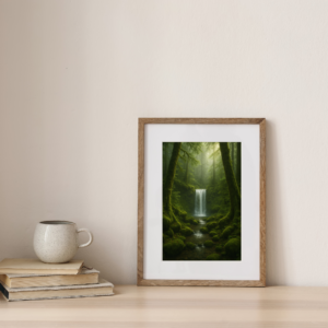 Misty Forest Waterfall Print – Serene Nature Wall Art, 8x12 Vertical Poster