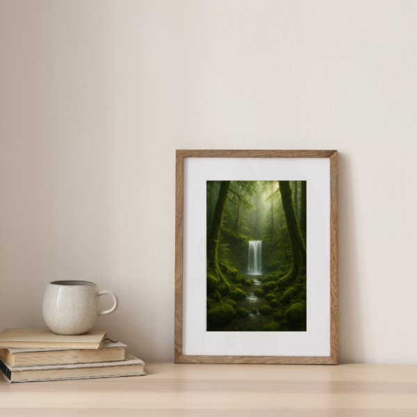 Misty Forest Waterfall Print – Serene Nature Wall Art, 8x12 Vertical Poster