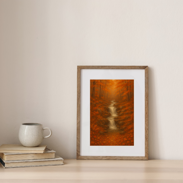 Autumn Woodland Cascade Print – Fall Forest Waterfall Wall Art, 8x12 Nature Poster