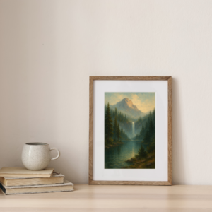 Mountain Lake Waterfall Print – Serene Alpine Nature Wall Art, 8x12 Landscape Poster