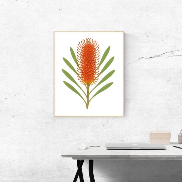 Hakea Botanical Wall Art – Minimalist Australian Native Flower Print in Vibrant Orange